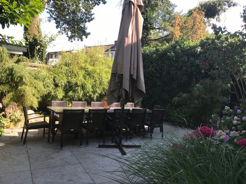 Het terras in de Japans aangelegde tuin: een lange tafel onder een parasol, bamboe langs de rand en hortensia’s in bloei.